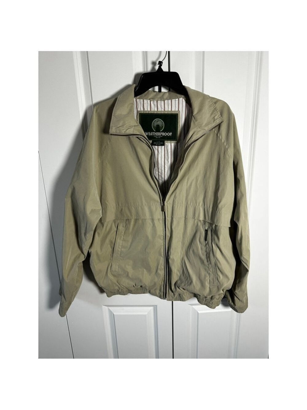 Men's Weatherproof Lightweight Jacket L Beige with Brown Stripes